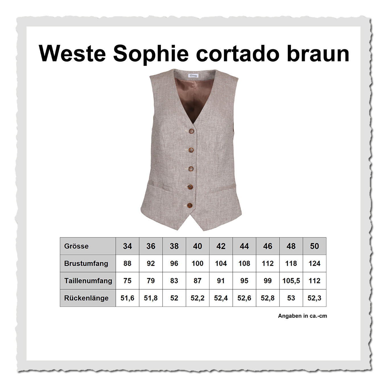 Größentabelle der Weste Sophie Cortado-Braun mit Produktabbildung und Maßangaben auf weißem Hintergrund.